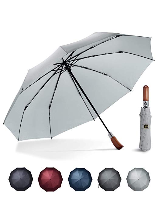 Sunyouth Windproof Travel Umbrella, Automatic Compact Rain Umbrella with Wood Handle for Men Women and Family-Easy Touch Auto Open Close-10 Ribs Durable Construction