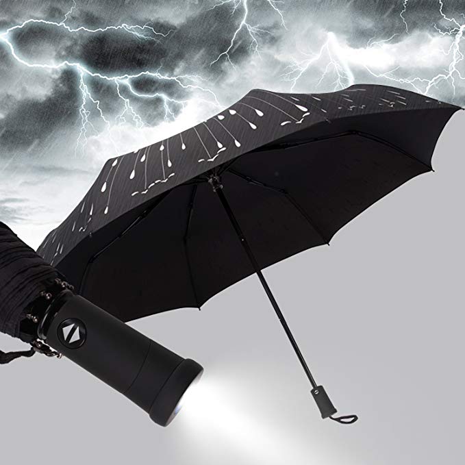 Compact Folding Travel Umbrella Windproof Waterproof, Auto Open Close with Teflon Coating Dry Quickly, LED Flashlight Handle, Meteor