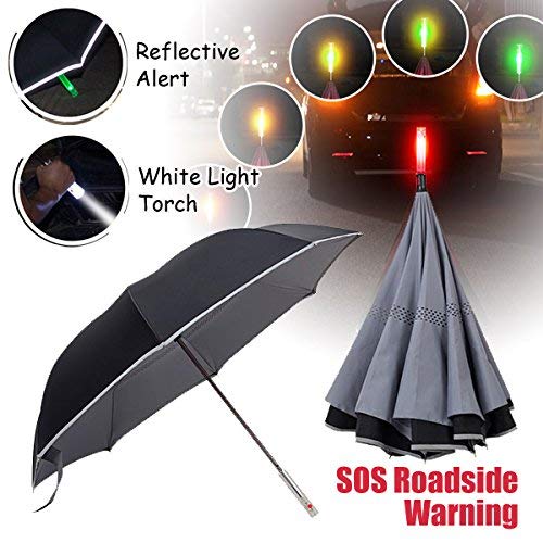 Unbreakable 60mph Windproof Reverse Umbrella Inverted with Roadside SOS Flashing Emergency Warning Light & LED Flashlight Handle - Vehicle Reflective Safety Car Golf Umbrellas