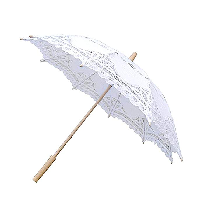 big-time Lace Parasol Umbrella,Handmade Compact White/Black/Beige Wooden Handle Dome Umbrella Classic Decorative Umbrella for Weddings Decoration,Bridesmaid,Girls,Photo Props and Garden Party