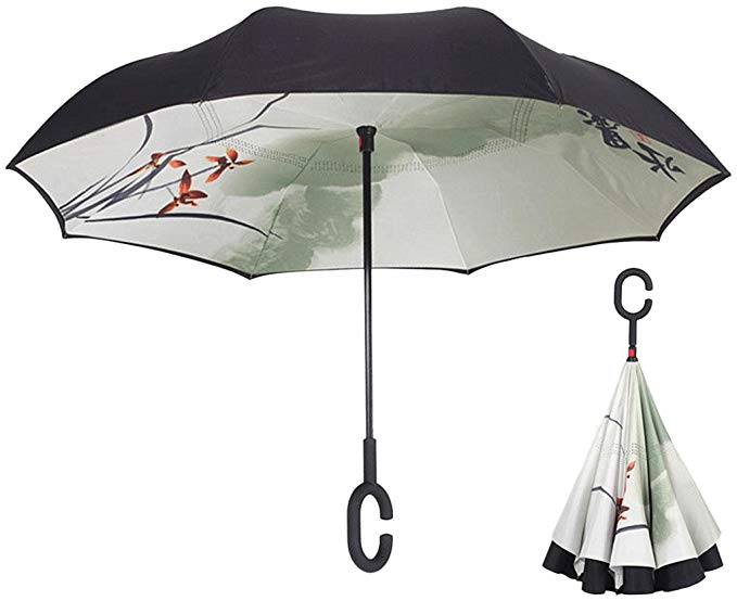 auguswu Double Layer Cars Inverted Reverse Umbrella Golf On-Course Stand up Umbrella with C-Shaped Handle