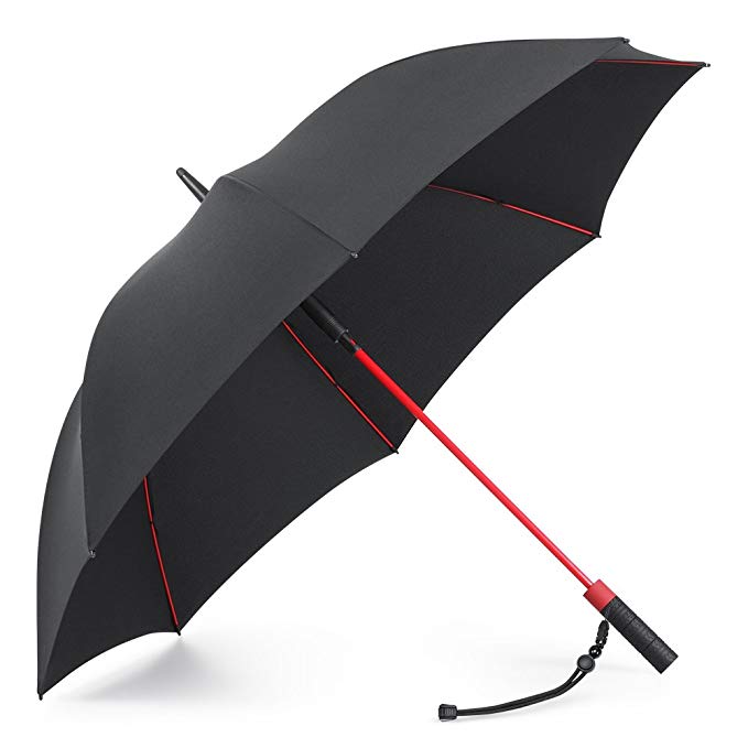 Plemo Automatic Black & Red Golf Umbrella with Straight Handle, Large Size 8 Fiberglass Ribs with Anti-Slip Tire Lines Handle