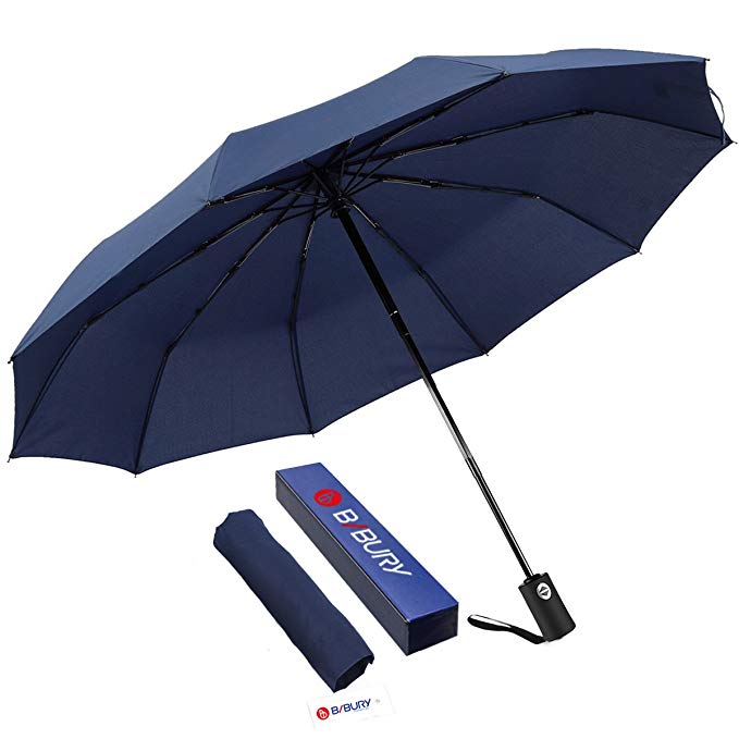 Umbrella Travel Large Windproof Sun & Rain Compact Folding Automatic Lightweight 210T 10Ribs 55MPH Umbrellas for Women Men Kids, BIBURY