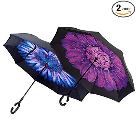 We pay your sales tax Set of 2, Inverted Umbrella Windproof Reverse Double Layer Umbrella with C-Shaped Hands Purple Flower& Blue Feathers B11845-1