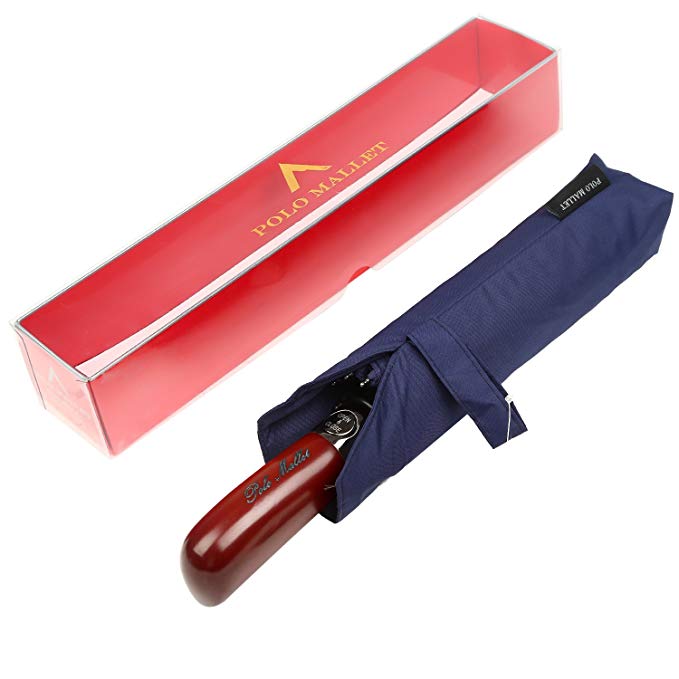 Automatic Open and Close Rain Umbrella Double Canopy Vented Windproof Wood Handle with Gift Box POLO MALLET (NAVY BLUE)