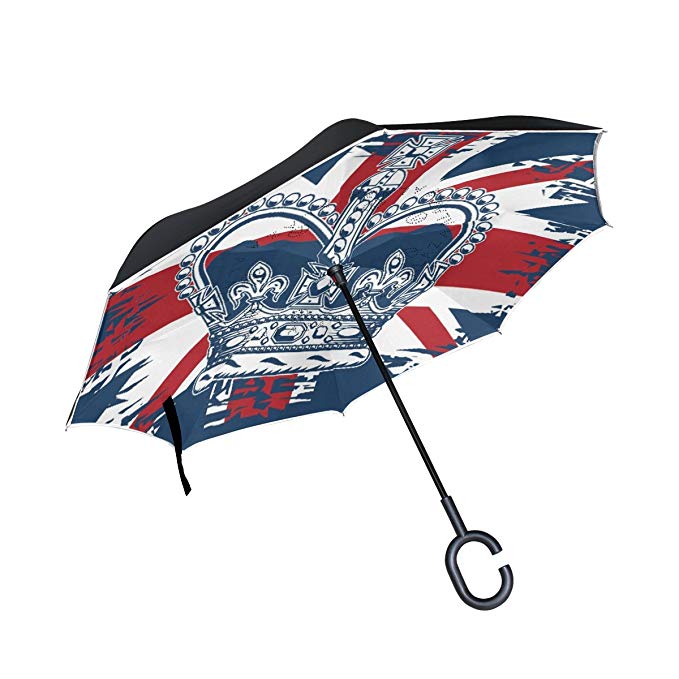 THENAHOME Reverse Inverted Auto Open Umbrella Compact Lightweight Straight Umbrellas with Crown UK Flag Background for Car & Outdoor