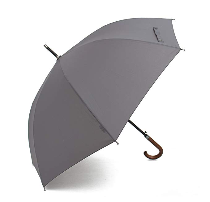 PARACHASE G9# Premium Unisex Wooden Hook Hanlde Ultrastrong Stormproof Auto Open Stick Large Umbrella Grey