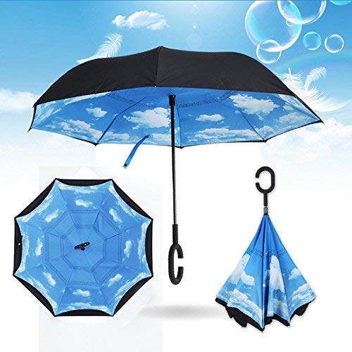 Healthy Care Reverse/Inverted Double-Layer Windproof UV Protection Straight Umbrella, Self-Standing & C-Shape Handle & Carrying Bag for Free Hands