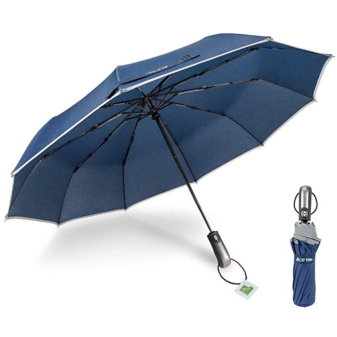 Ace Teah Travel Umbrella, Automatic Folding Umbrella 10 Ribs Windproof to 60MPH, Compact 46 Inch Rain Umbrella for Men Women, Auto Open Close with Safety Reflective Strip