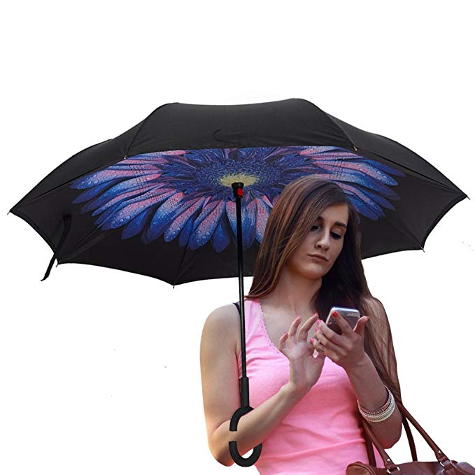 Inverted Umbrella , Comflife Windproof Double Layer, Creative Car Reverse Umbrella With C-shape Hands-free Handle