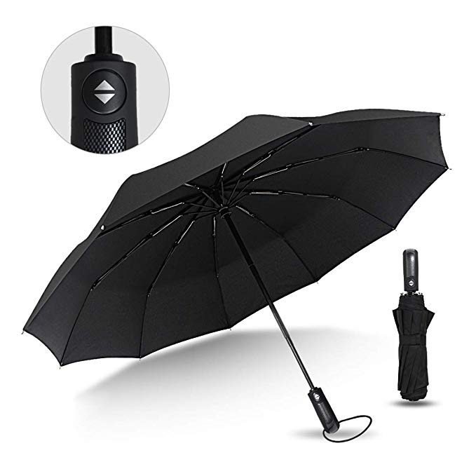 AmbrellaOK Compact Umbrella Windproof Auto Travel Folding Rain Umbrellas, Ergonomic Handle 210T 10 Ribs with Auto Open/Close - Teflon Coating Black for Men Women