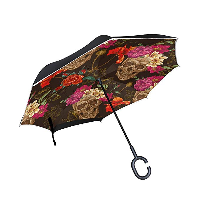 Sugar Skull Dia De Los Muertos Double Layer Windproof, Waterproof Auto Open Reverse Folding Upside Down Car Umbrellas with C Shape Handle