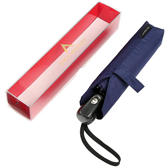 Automatic Open and Close Rain Folding Umbrella Windproof Compact Travel Umbrella with Gift Box POLO MALLET (NAVY BLUE)