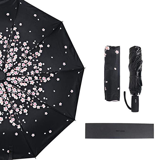 Umbrella, Kinnydream Sakura Compact Automatic Open & Close Folding Umbrella - 10 Ribs Windproof UV Protection Lightweight with Safe Auto Lock Design, One Handed Operation