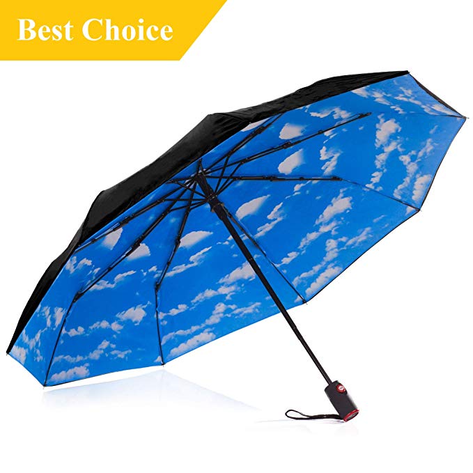 IHOR Best Automatic Compact Windproof Open & Close Wind-Resistant Portable Black Travel Umbrella with Blue Sky Canopy Small & Strong, Easy Touch, Totes Micro Mini Male & Female