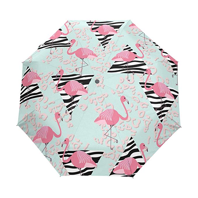 Naanle Pink Flamingos Zebra Triangle Leopard Auto Open Close Foldable Umbrella